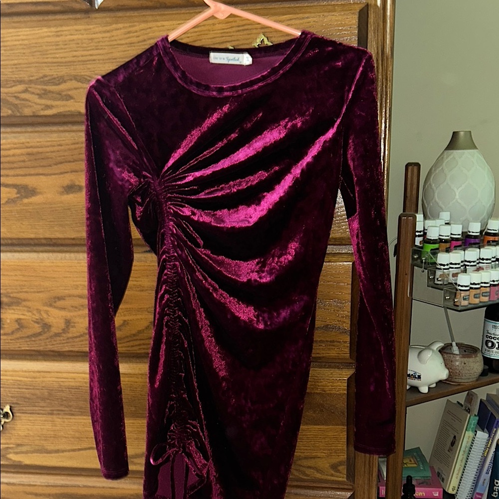 Elegant Velvet Long Sleeve Dress in Rich Burgundy